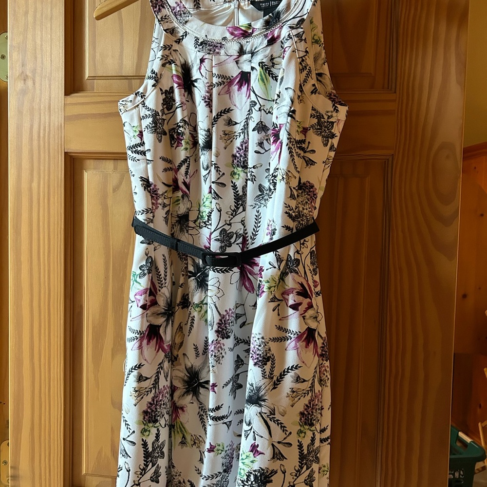 White House Black Market White Sleeveless Floral Midi Dress with Black Belt